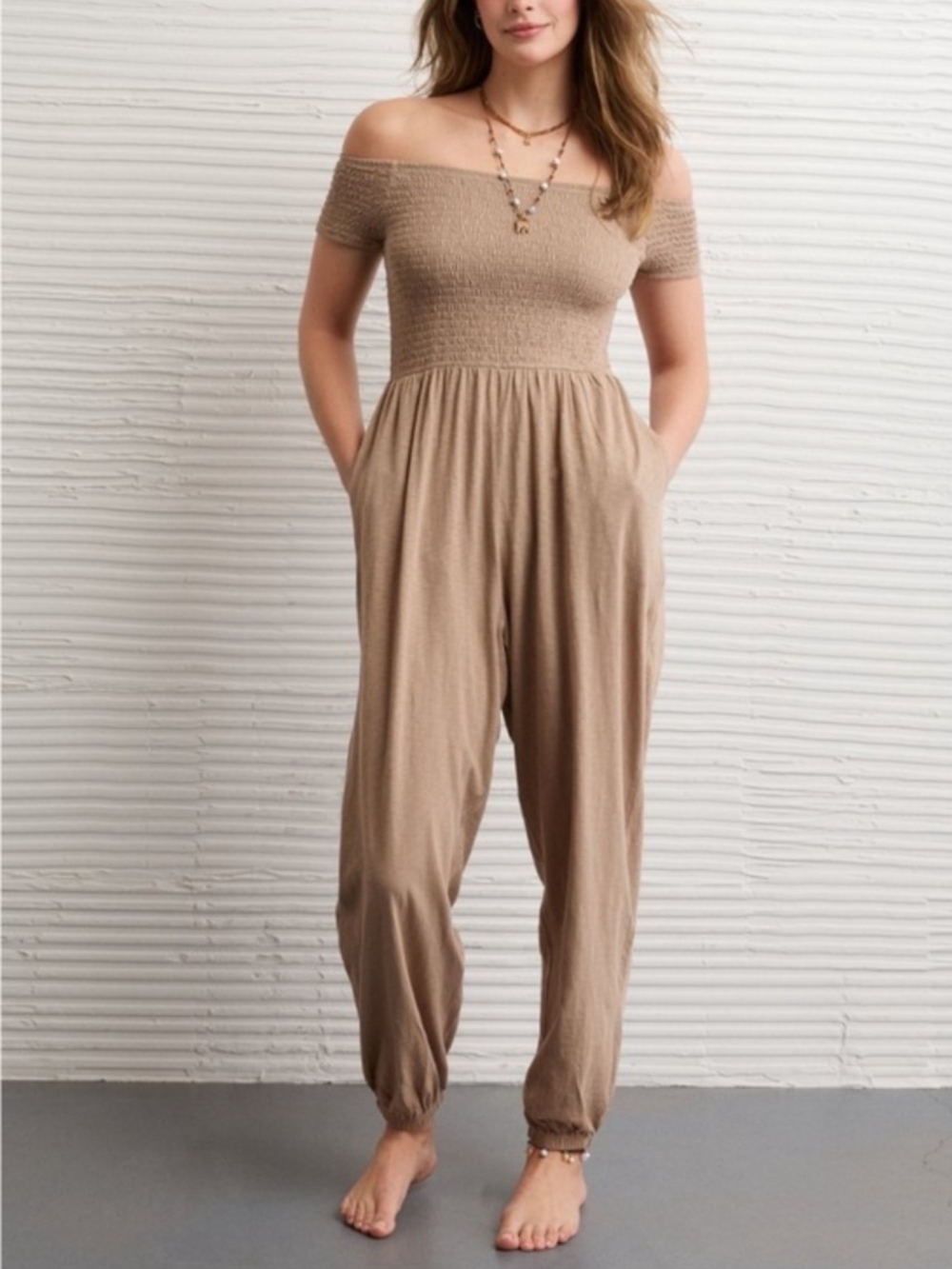 AE Sunchaser Off The Shoulder Smocked Jumpsuit in Taupe Size XL